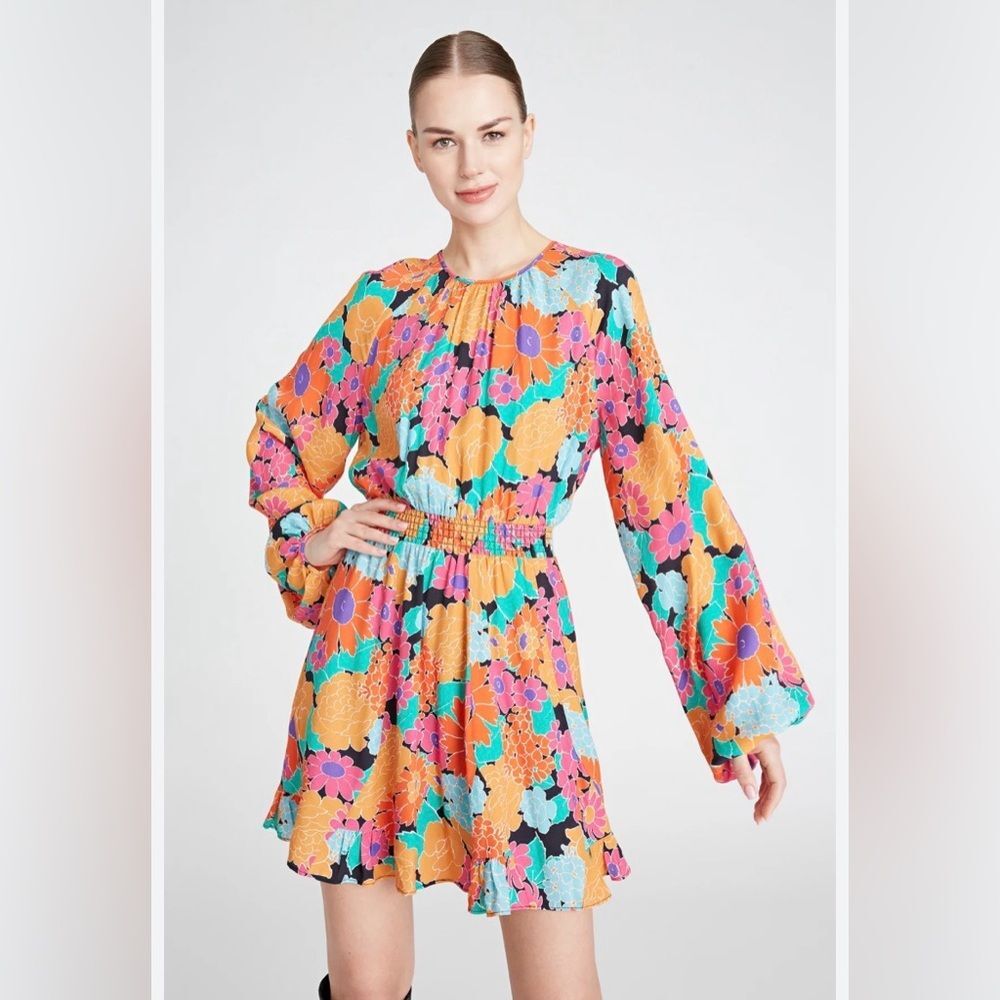 AMUR Gretal Mini Dress colorful pop floral print balloon sleeves smocked waist 6